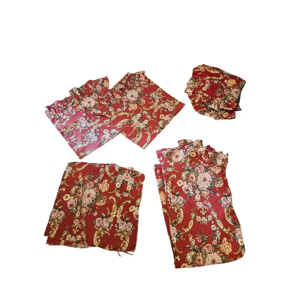 Vintage 90s Ralph Lauren Red Floral Ruffled Sheet Set King Marseilles Danielle